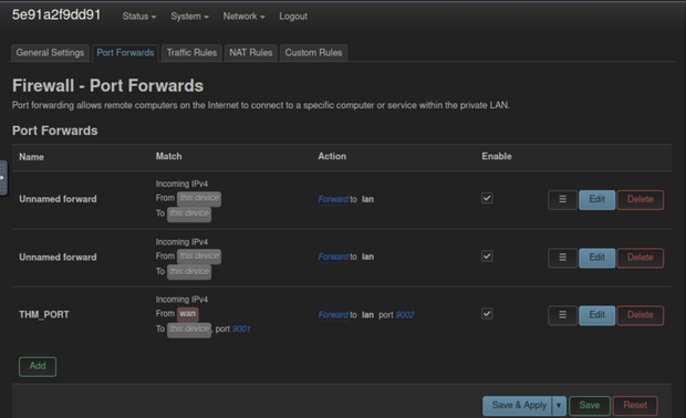 image of firewall port forwarding settings that was demonstrated by me through TryHackMe